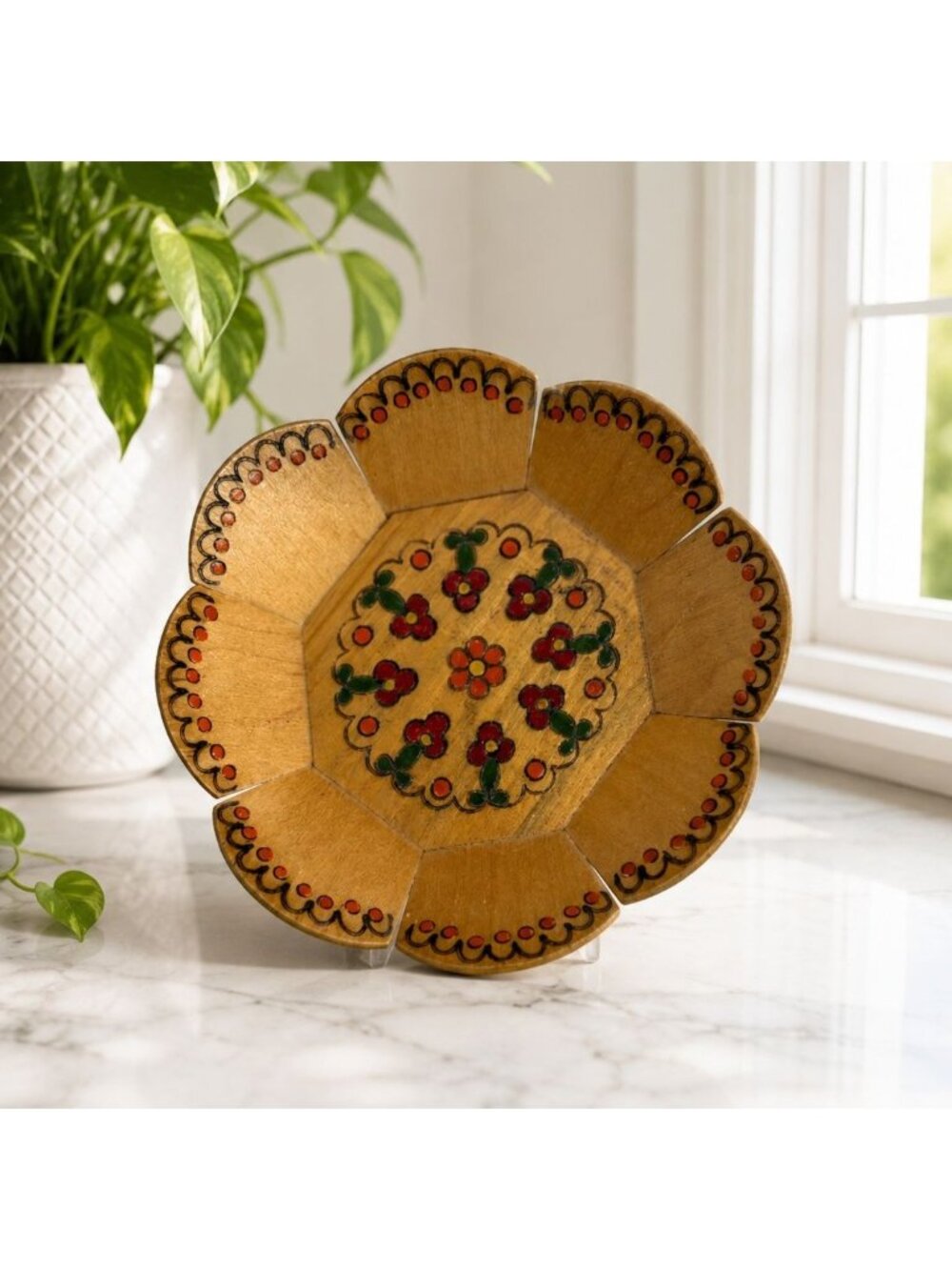 Handmade Wooden Flower-Shaped Bowl With Hand-Painted Floral Design 10" Diameter